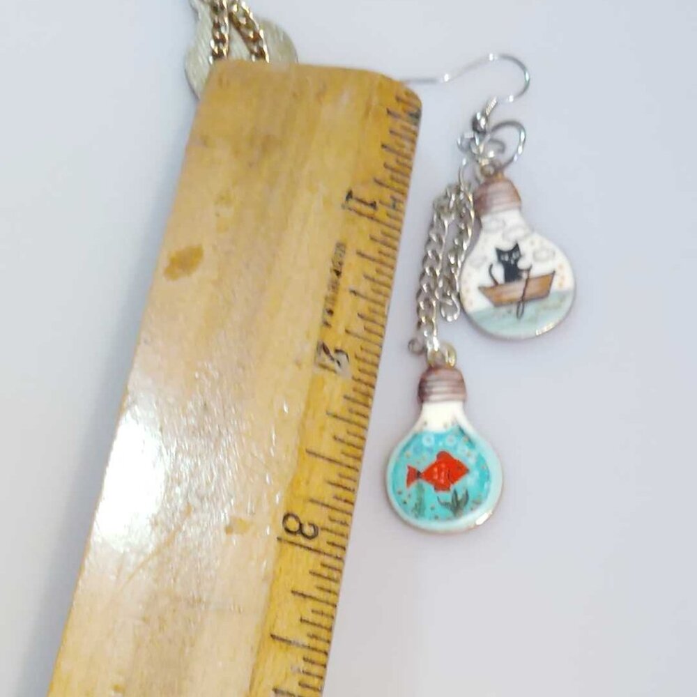 NWT Handmade Black Cat In A Boat & Orange Goldfish 3" Dangle Earrings - Picture 5 of 5